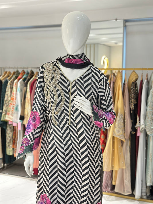 Silk Essence Printed Suit With hand embellishment