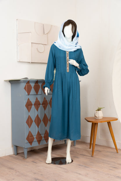 Cerulean Georgette Dress with Scarf - Front Pose