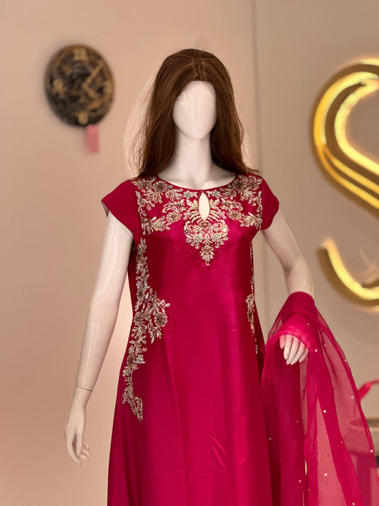 Hot Pink Pure Raw Silk Three Piece Suit