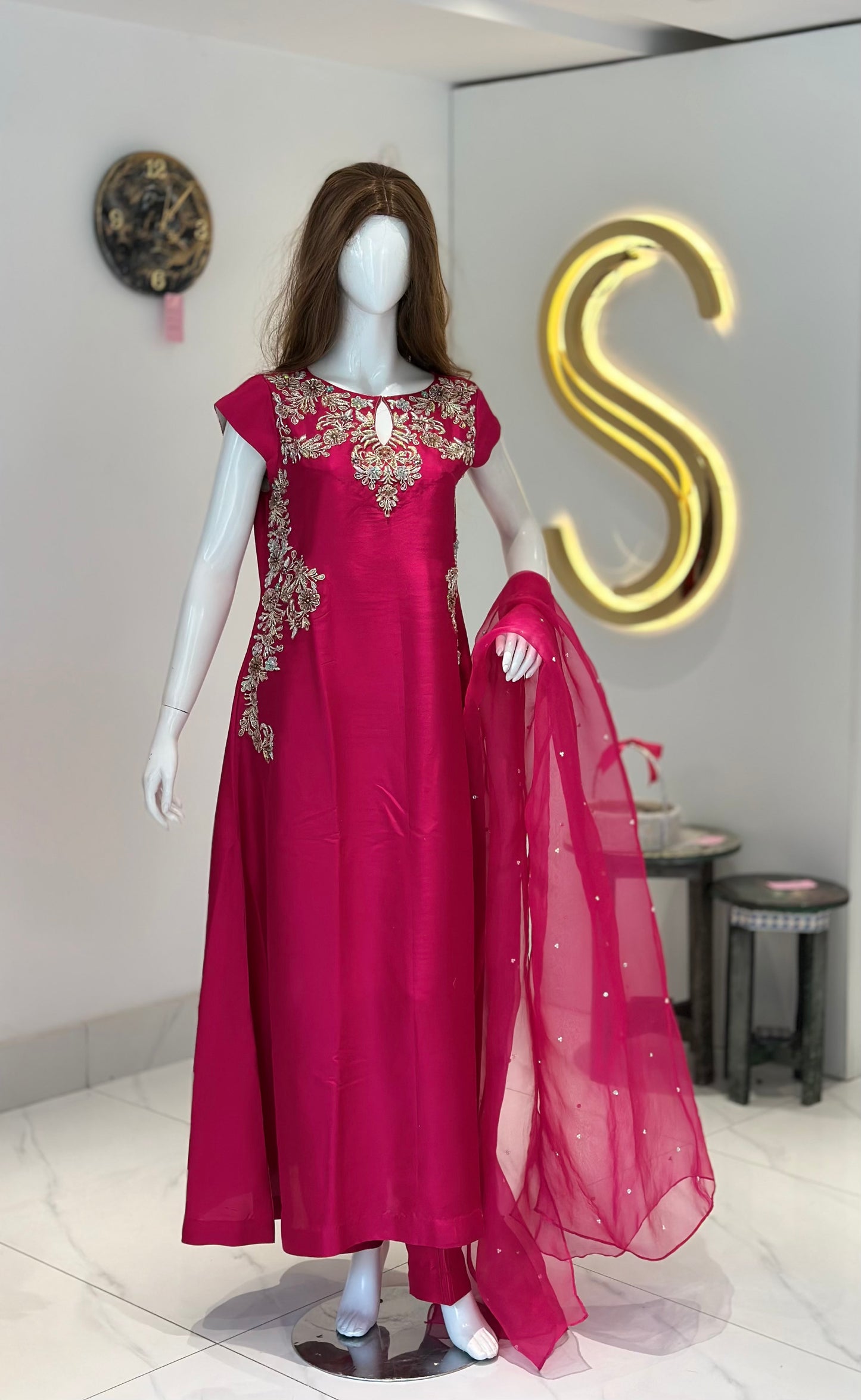 Hot Pink Pure Raw Silk Three Piece Suit