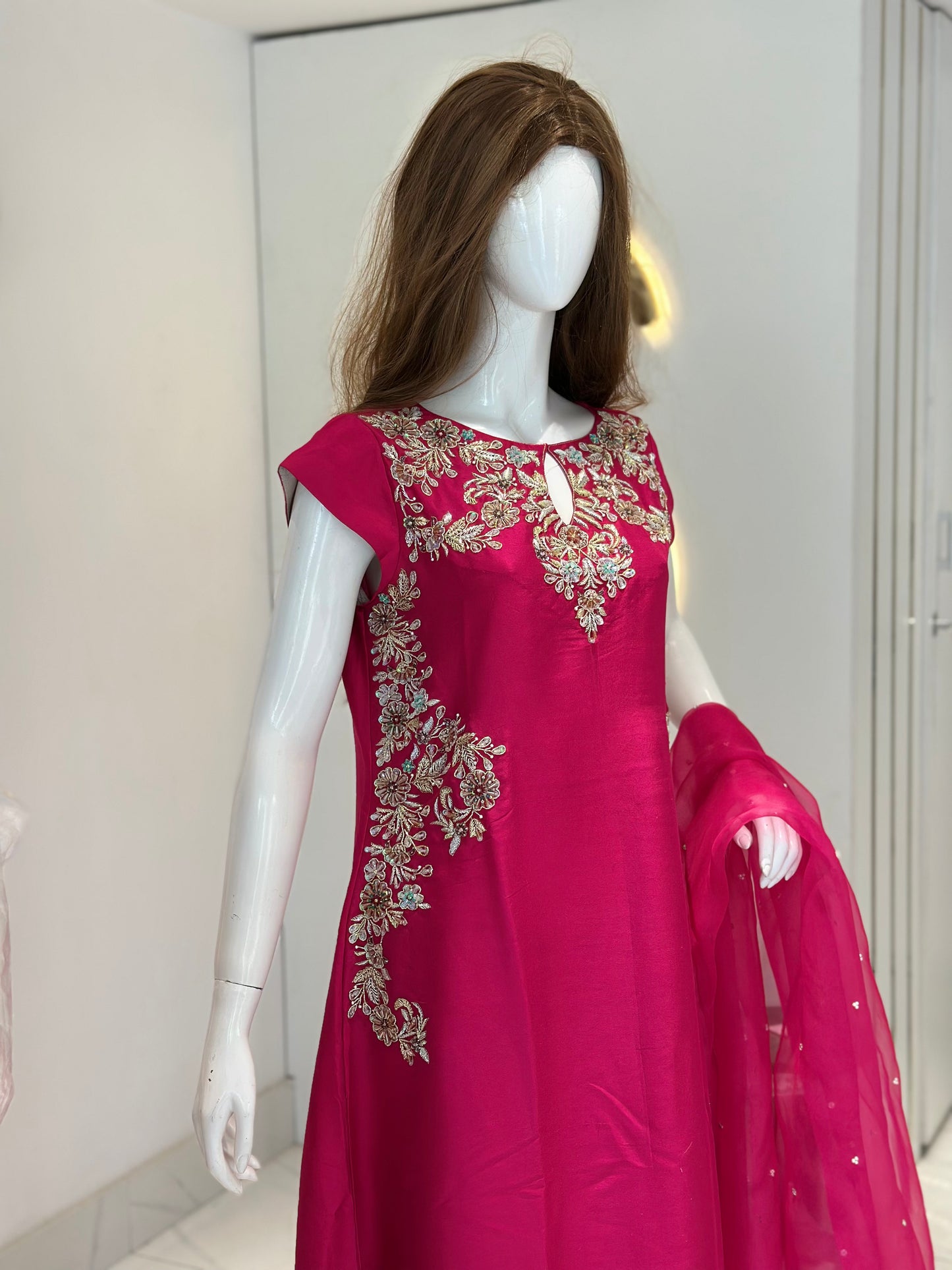 Hot Pink Pure Raw Silk Three Piece Suit