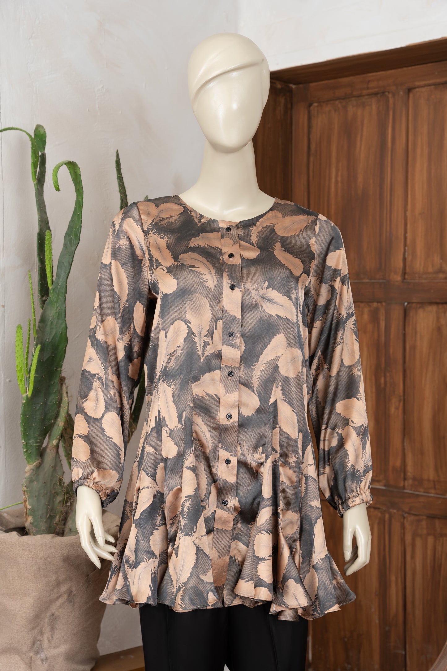 Beige and Charcoal Silk Shirt