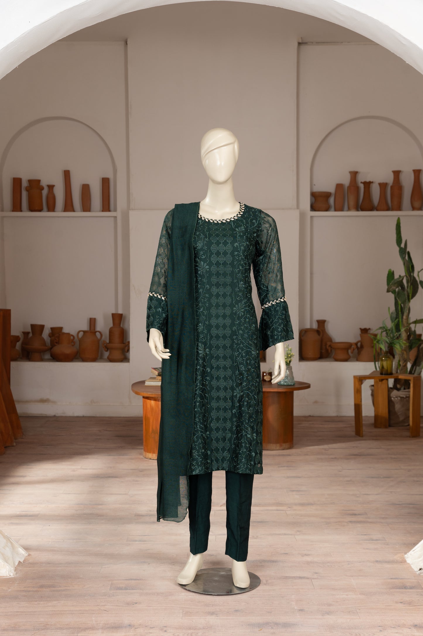 Green Embroidered Cotton Net Suit - Front Pose