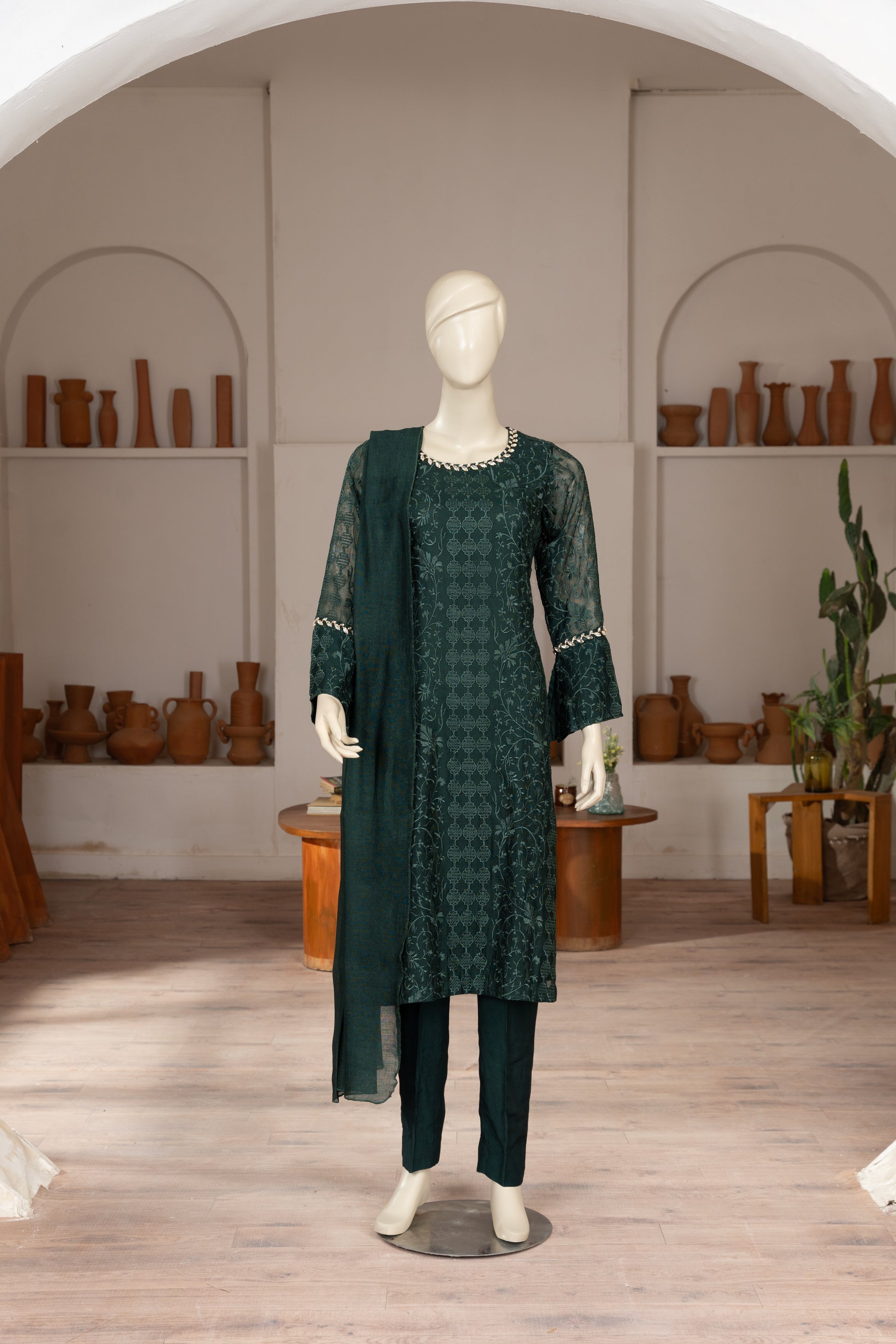 Green Embroidered Cotton Net Suit - Front Pose