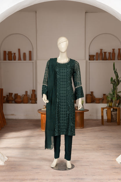 Green Embroidered Cotton Net Suit - Front Pose