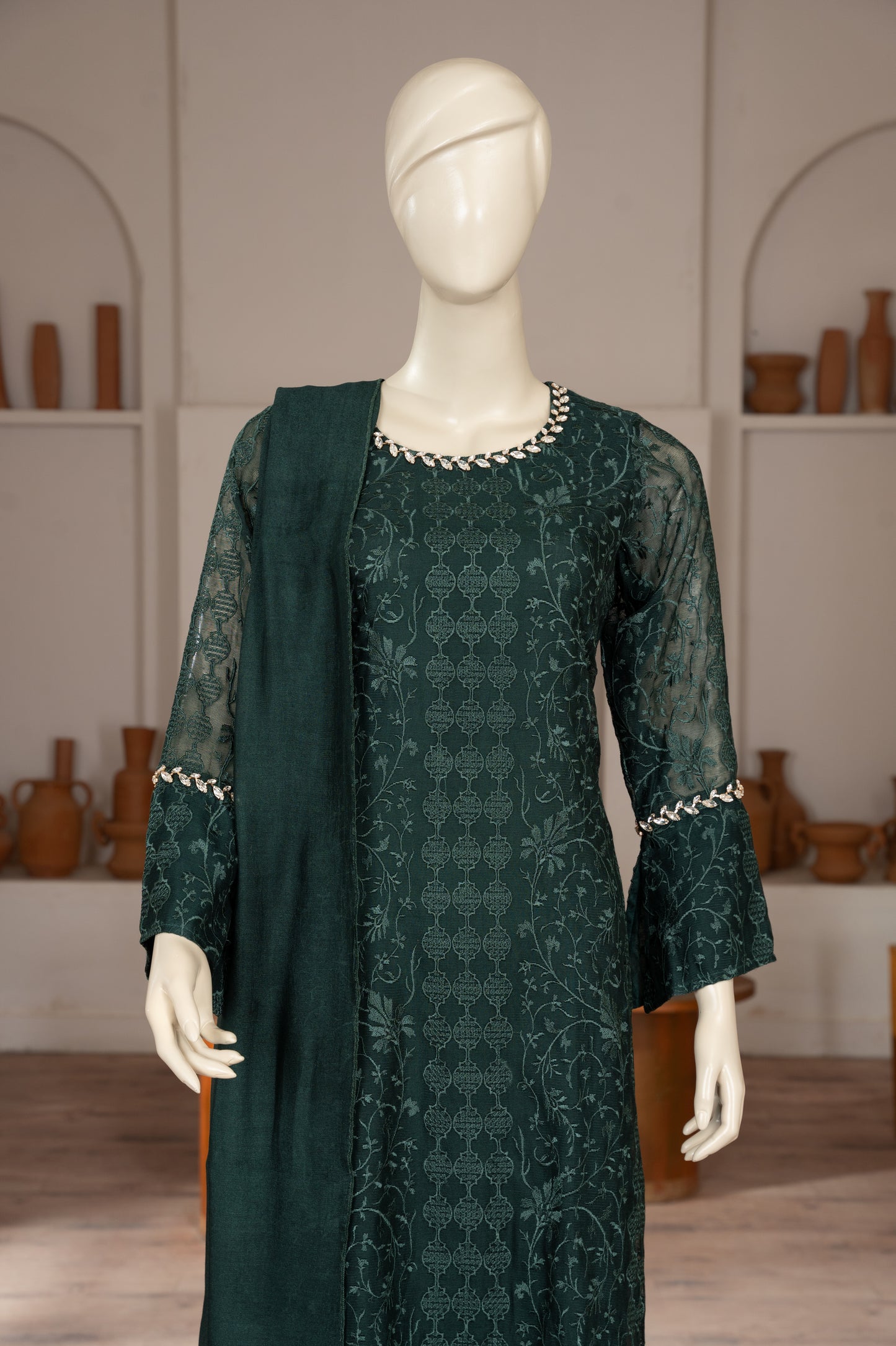 Green Embroidered Cotton Net Suit - Close Up Upper Half