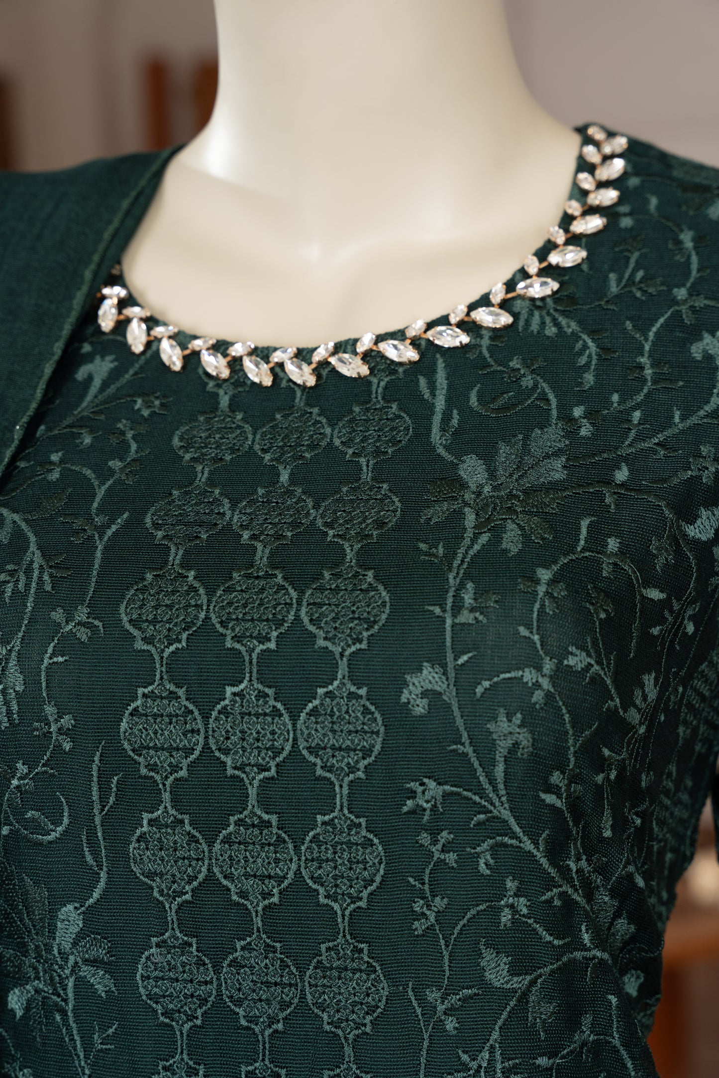 Green Embroidered Cotton Net Suit - Close Up Neck