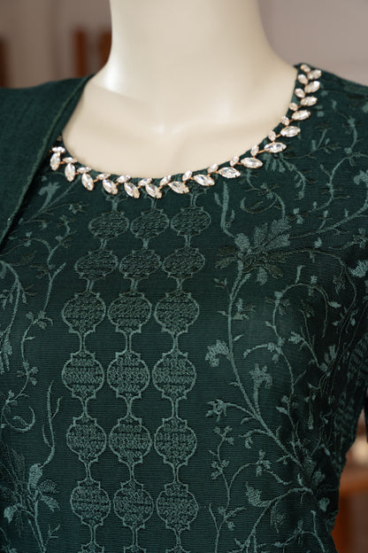 Green Embroidered Cotton Net Suit - Close Up Neck