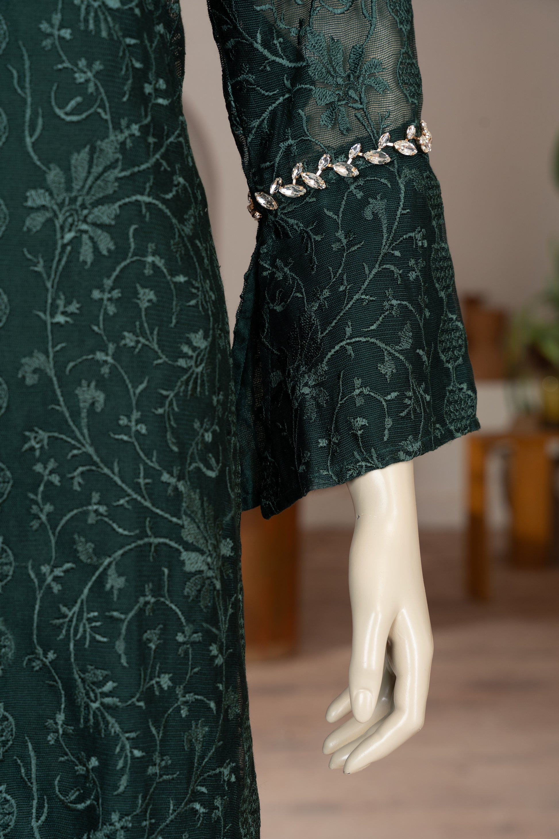 Green Embroidered Cotton Net Suit - Close Up Sleeve