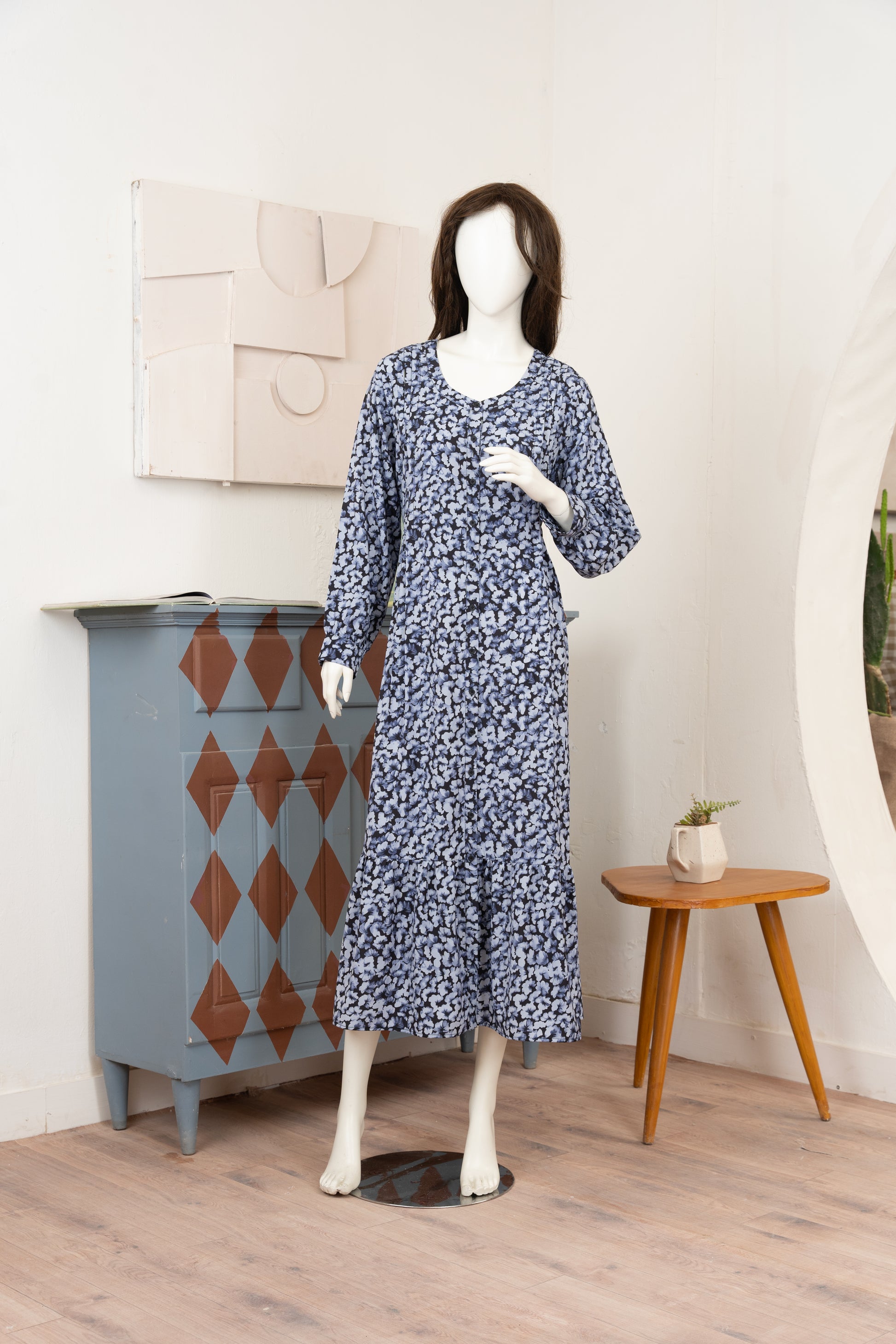 Grey Blue Printed Georgette Dress - Front Pose