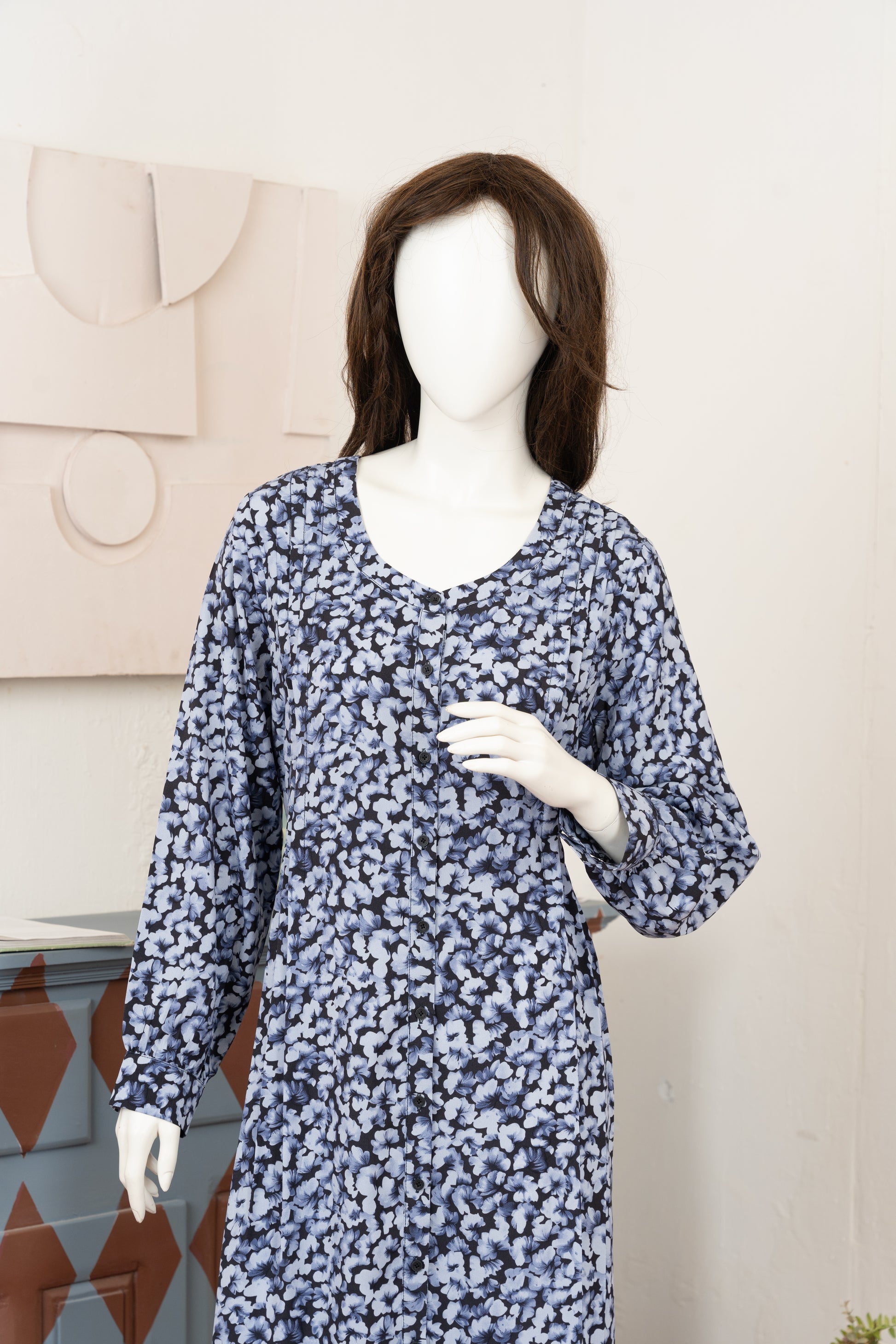 Grey Blue Printed Georgette Dress - Close Up Three Quarter