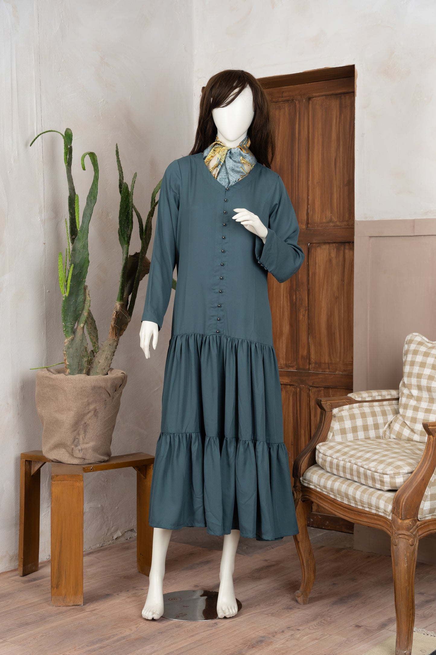 Greyish Green Georgette Dress - Front Pose