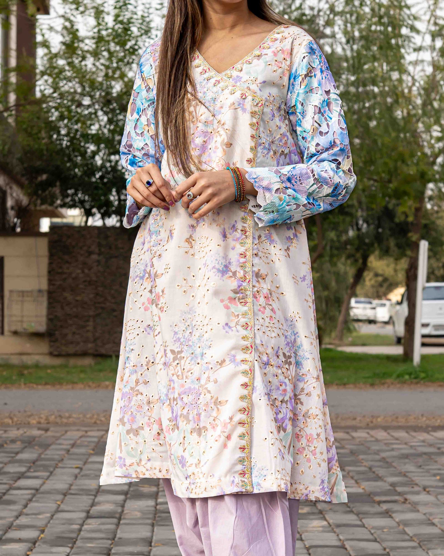 White-Blue Cotton Chikankari