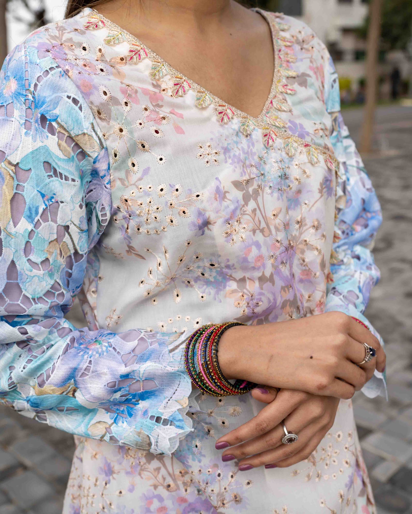 White-Blue Cotton Chikankari