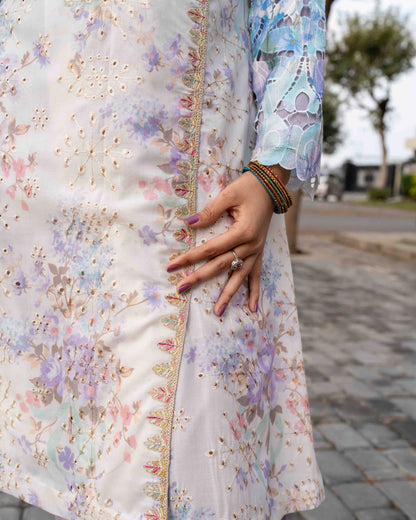 White-Blue Cotton Chikankari