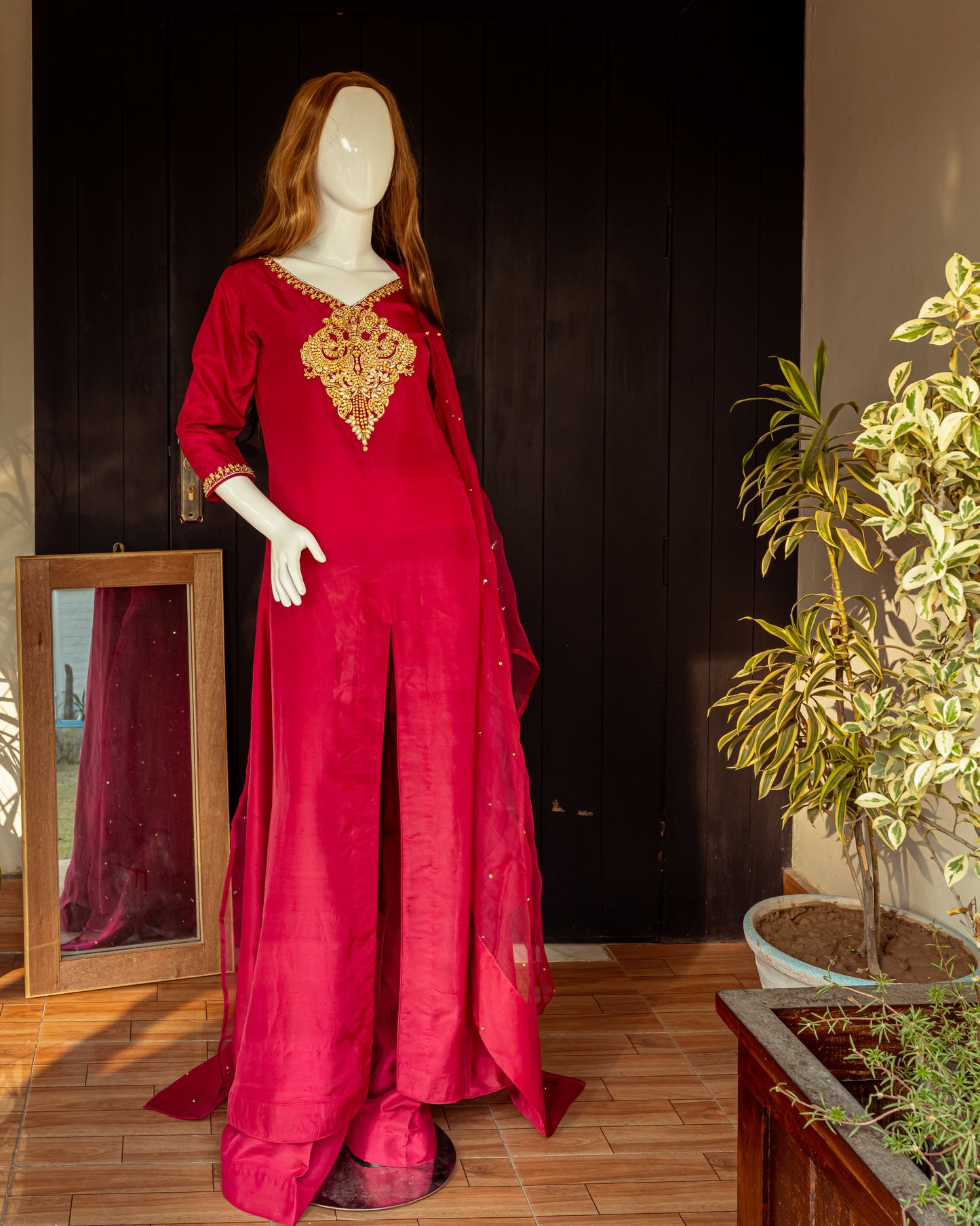 Red Silk Suit – Hand-Embellished Ensemble