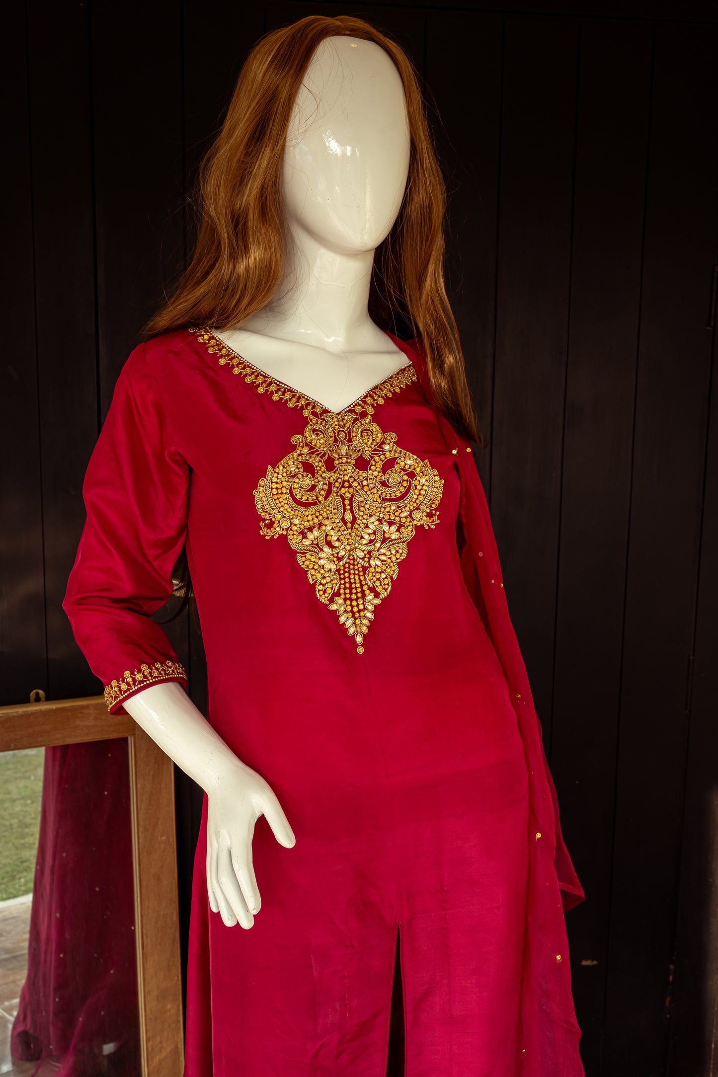 Red Silk Suit – Hand-Embellished Ensemble