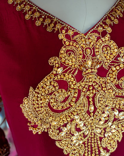 Red Silk Suit – Hand-Embellished Ensemble