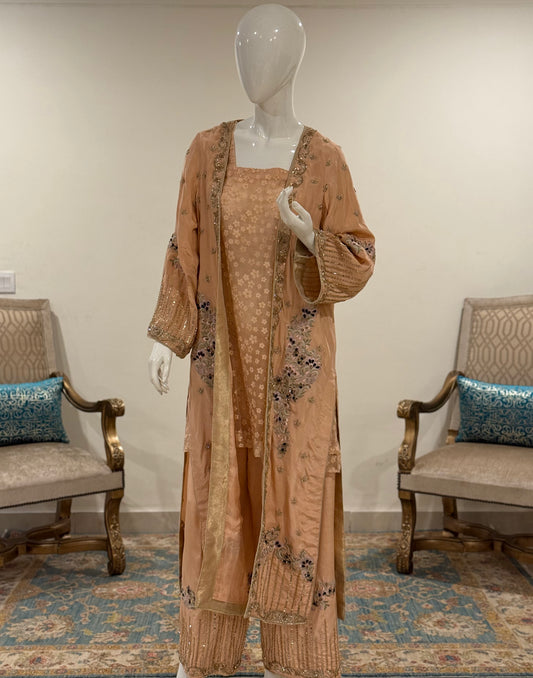 Stylish Peach Party Wear Gown Set