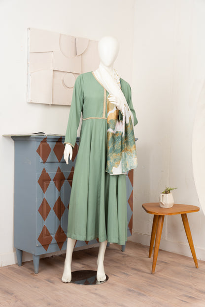Light Sage Georgette Dress with Scarf - Close Up Front Pose