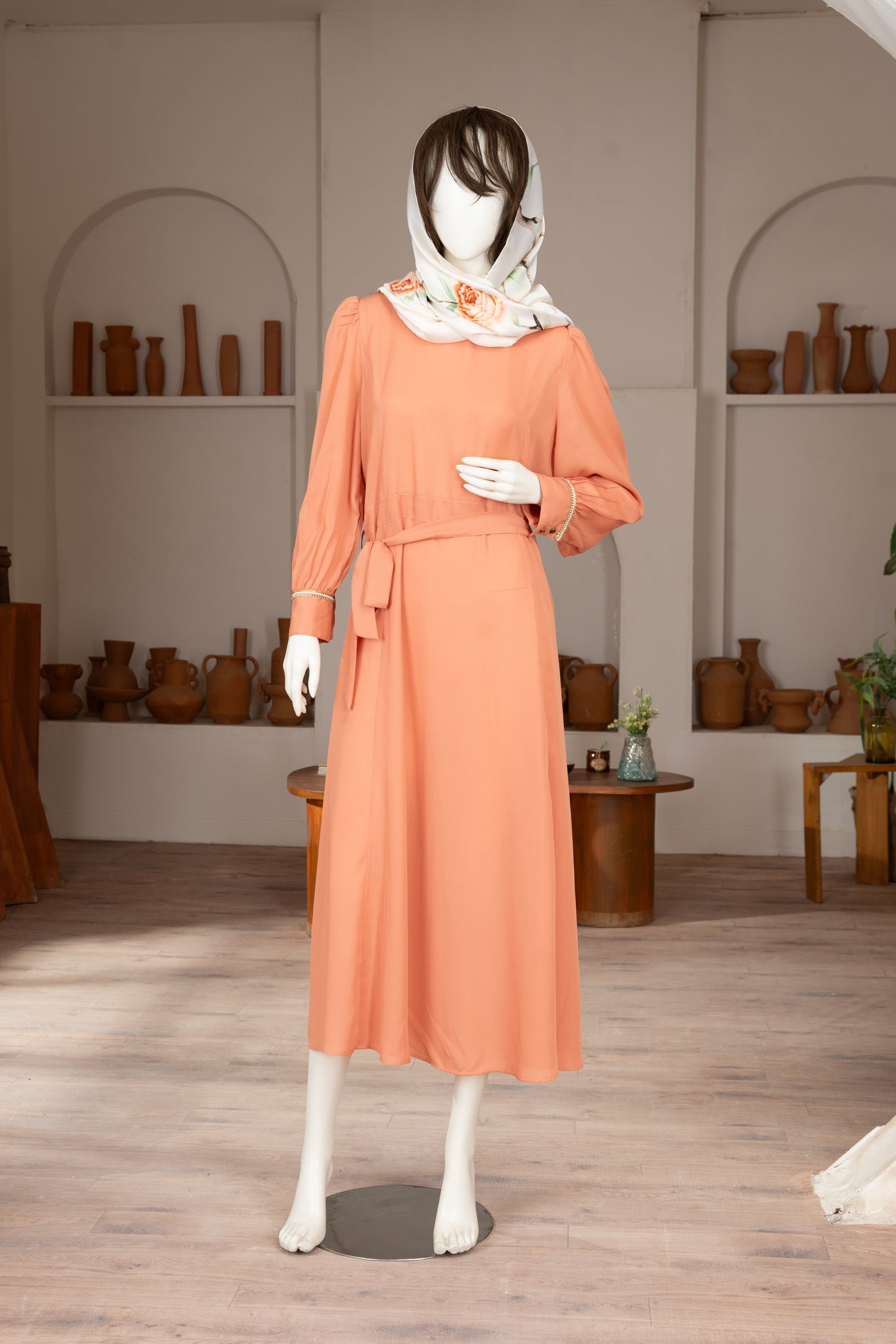 Peach Georgette Dress with Scarf - Front Pose