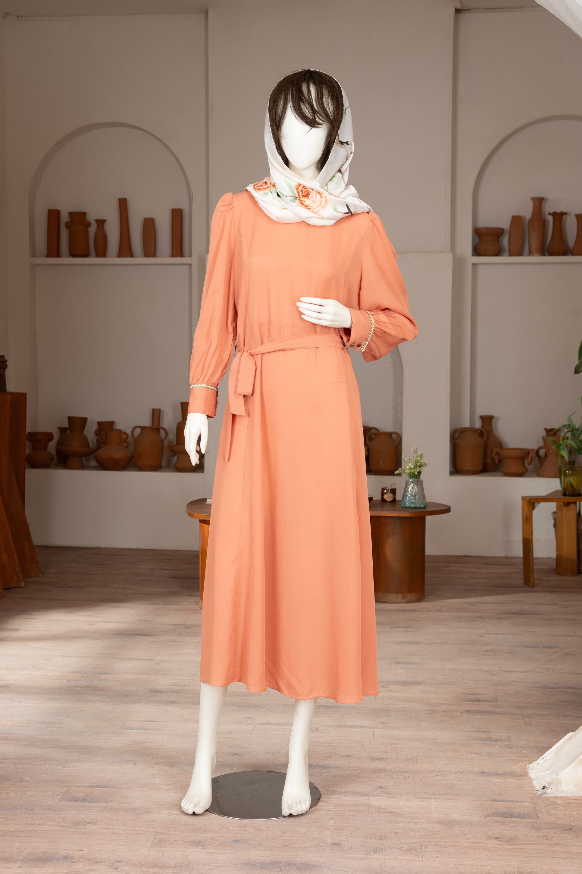 Peach Georgette Dress with Scarf - Front Pose