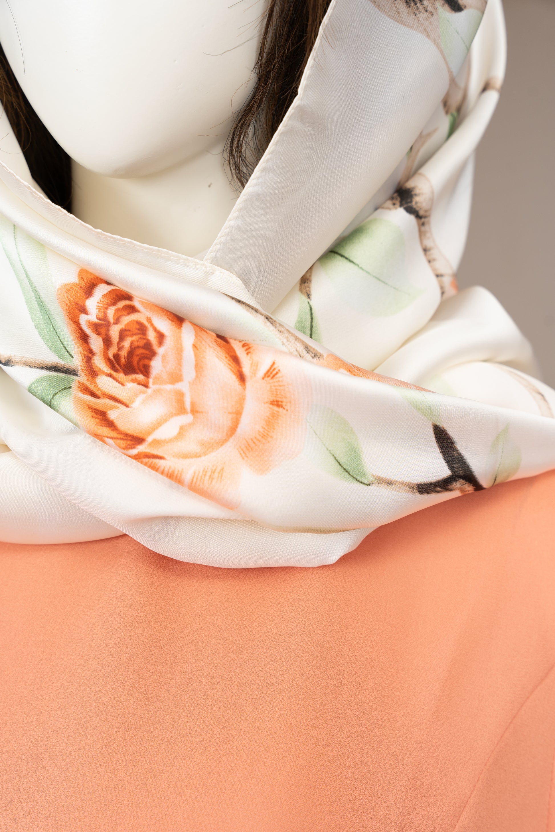 Peach Georgette Dress with Scarf - Close Up Neck