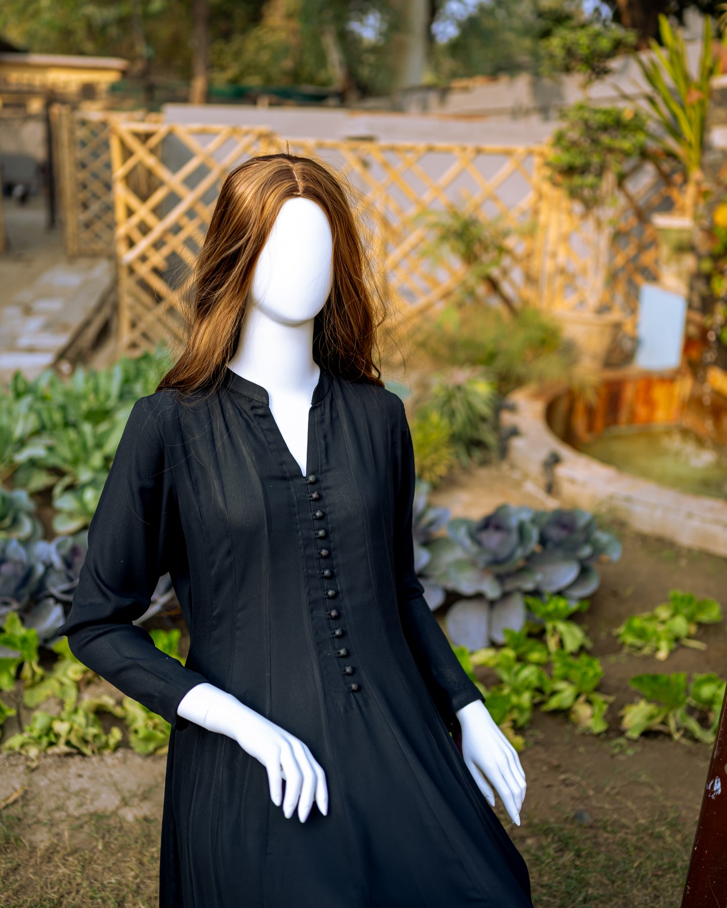 Plain Black Georgette Dress - Close Up Upper Half