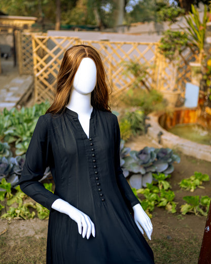 Plain Black Georgette Dress - Close Up Upper Half