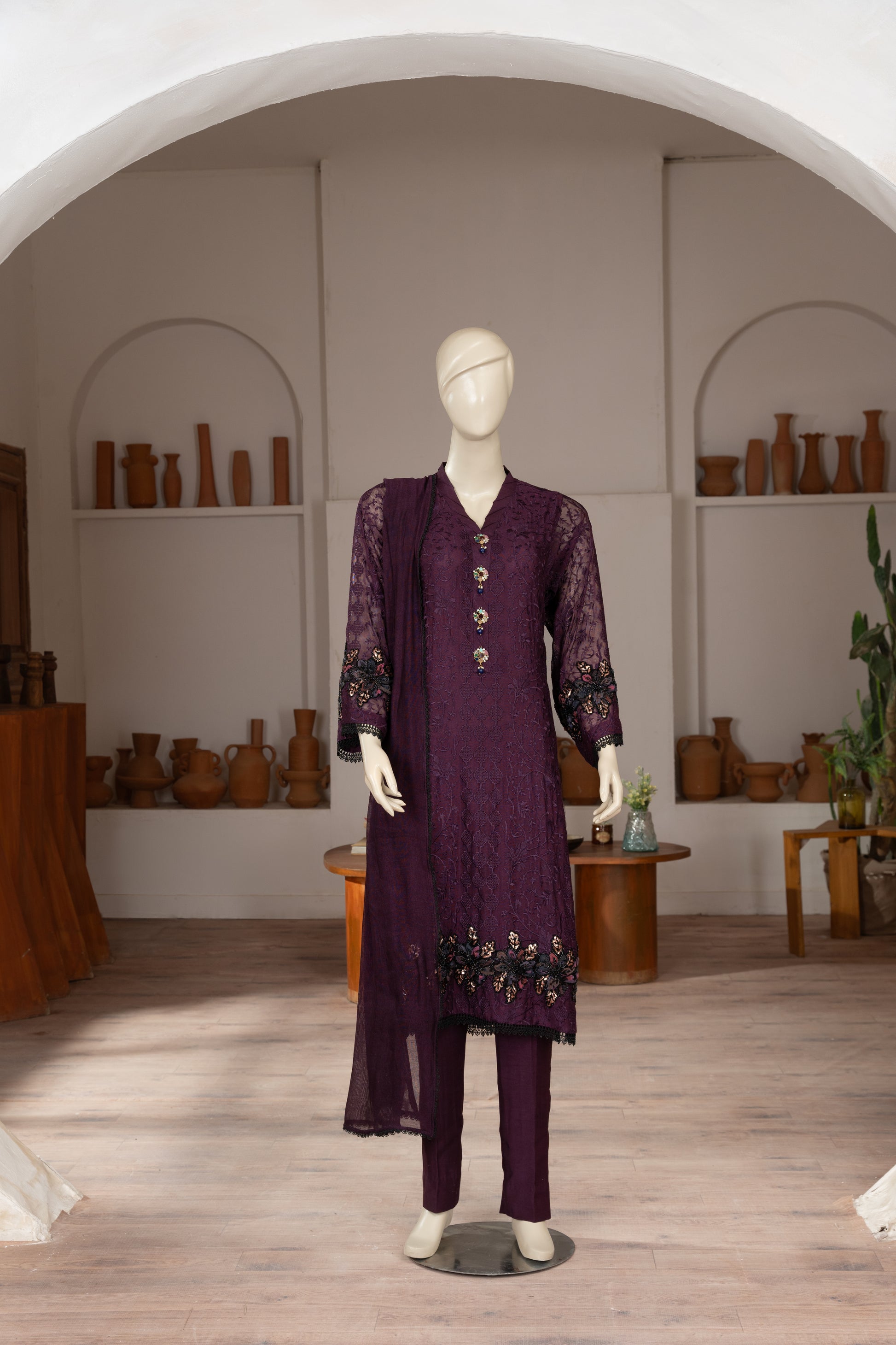 Purple Embroidered Cotton Net Suit - Front Pose Full