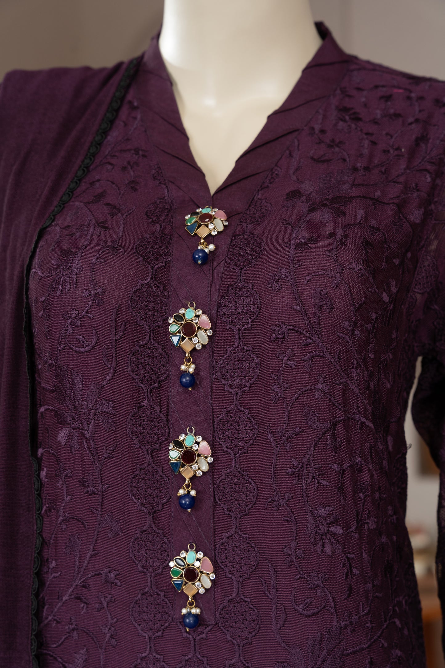 Purple Embroidered Cotton Net Suit - Front Pose Upper Half