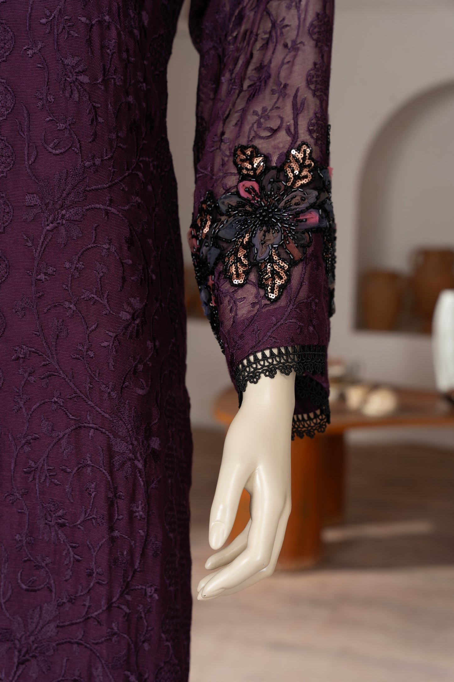 Purple Embroidered Cotton Net Suit - Front Pose Left Sleeve