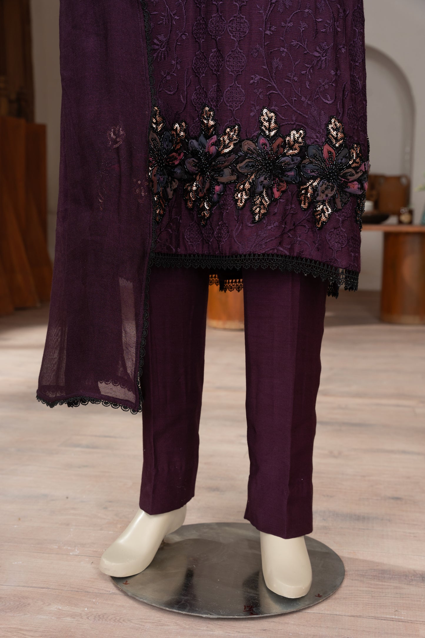 Purple Embroidered Cotton Net Suit - Front Pose Lower Half