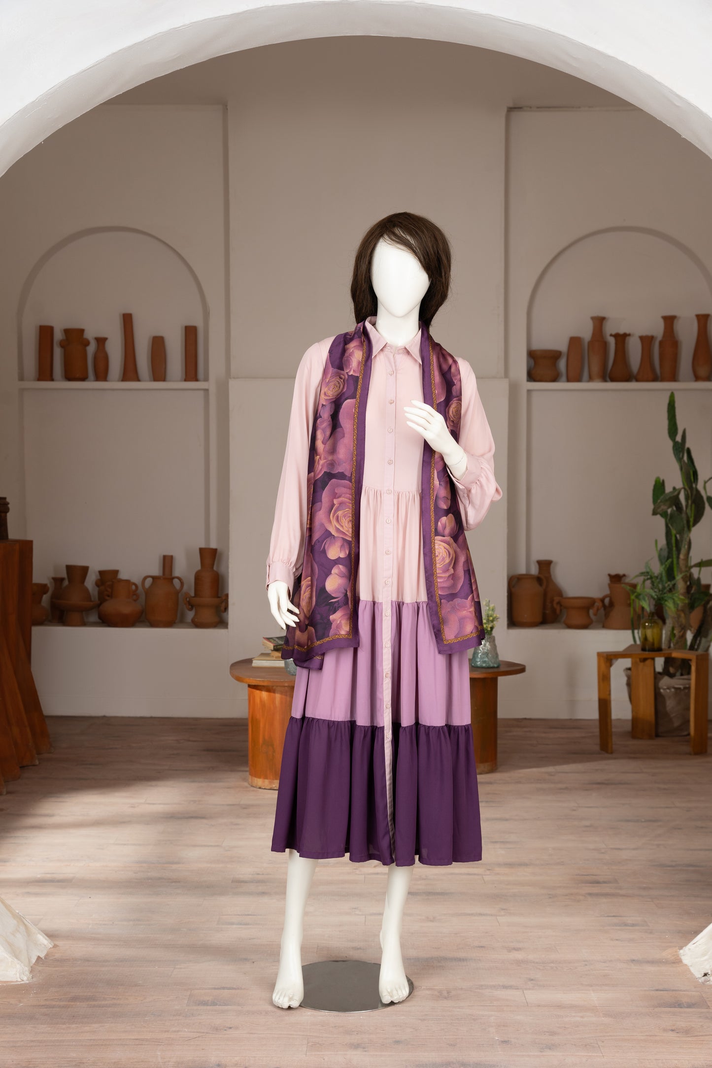 Purple Georgette Dress with Scarf - Front Pose