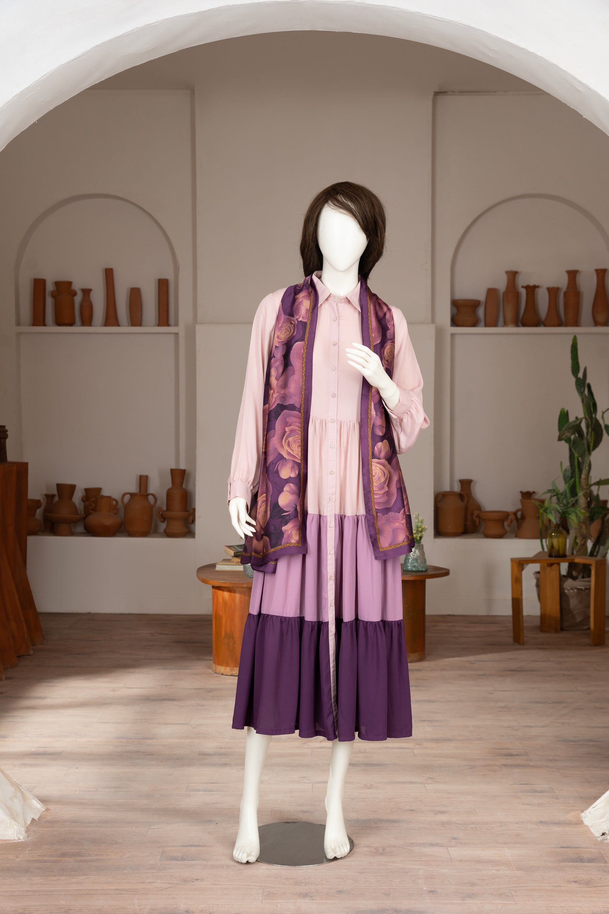 Purple Georgette Dress with Scarf - Front Pose