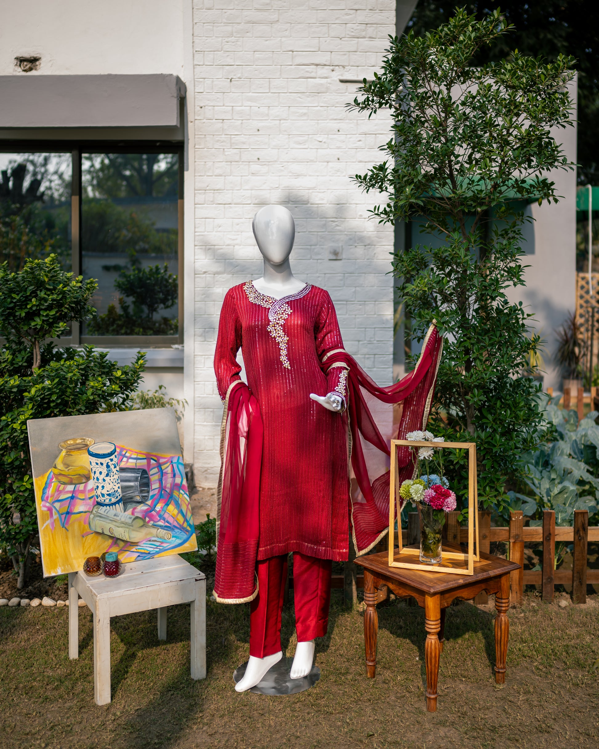 Red Chiffon Suit - Front Pose