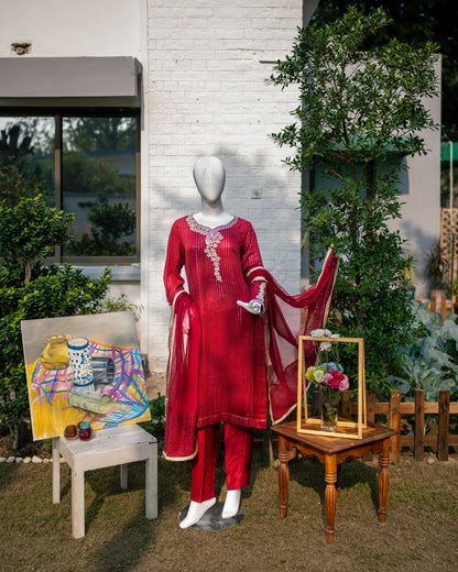 Red Chiffon Suit - Front Pose