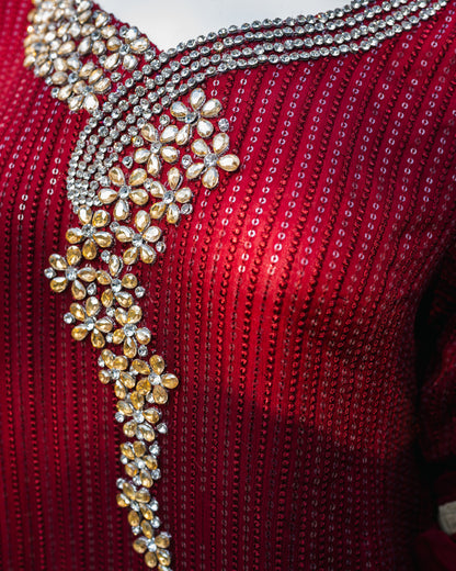 Red Chiffon Suit - Close Up Neck