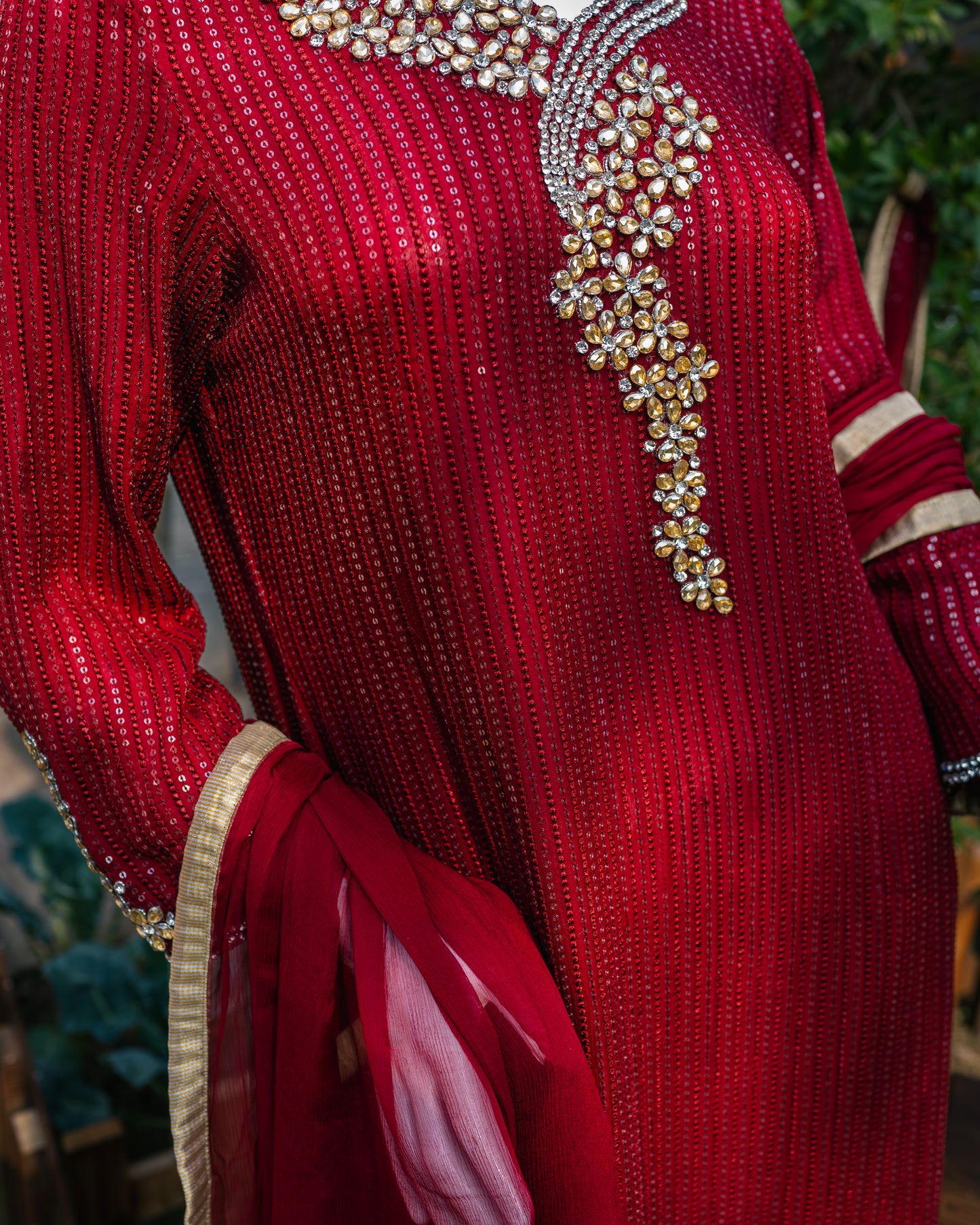 Red Chiffon Suit - Close Up Upper