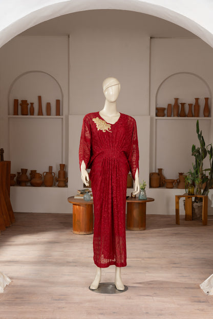 Red Embroidered Cotton Net Kaftan - Front Pose Full