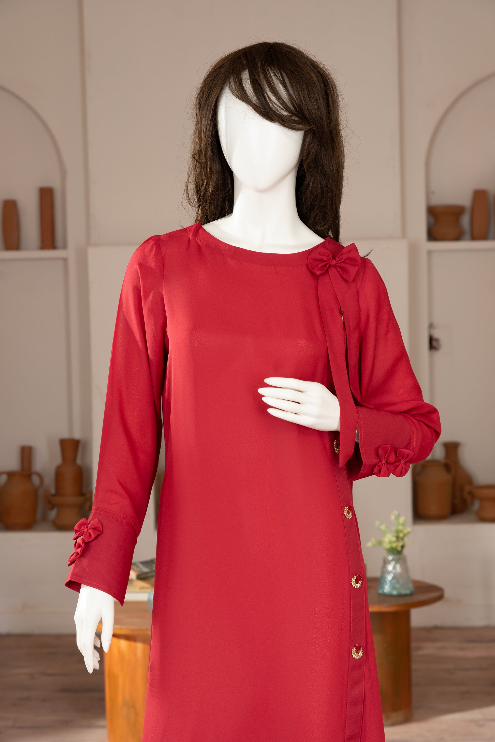 Red Georgette Dress - Close Up Upper Half