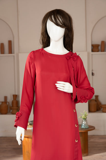 Red Georgette Dress - Close Up Upper Half