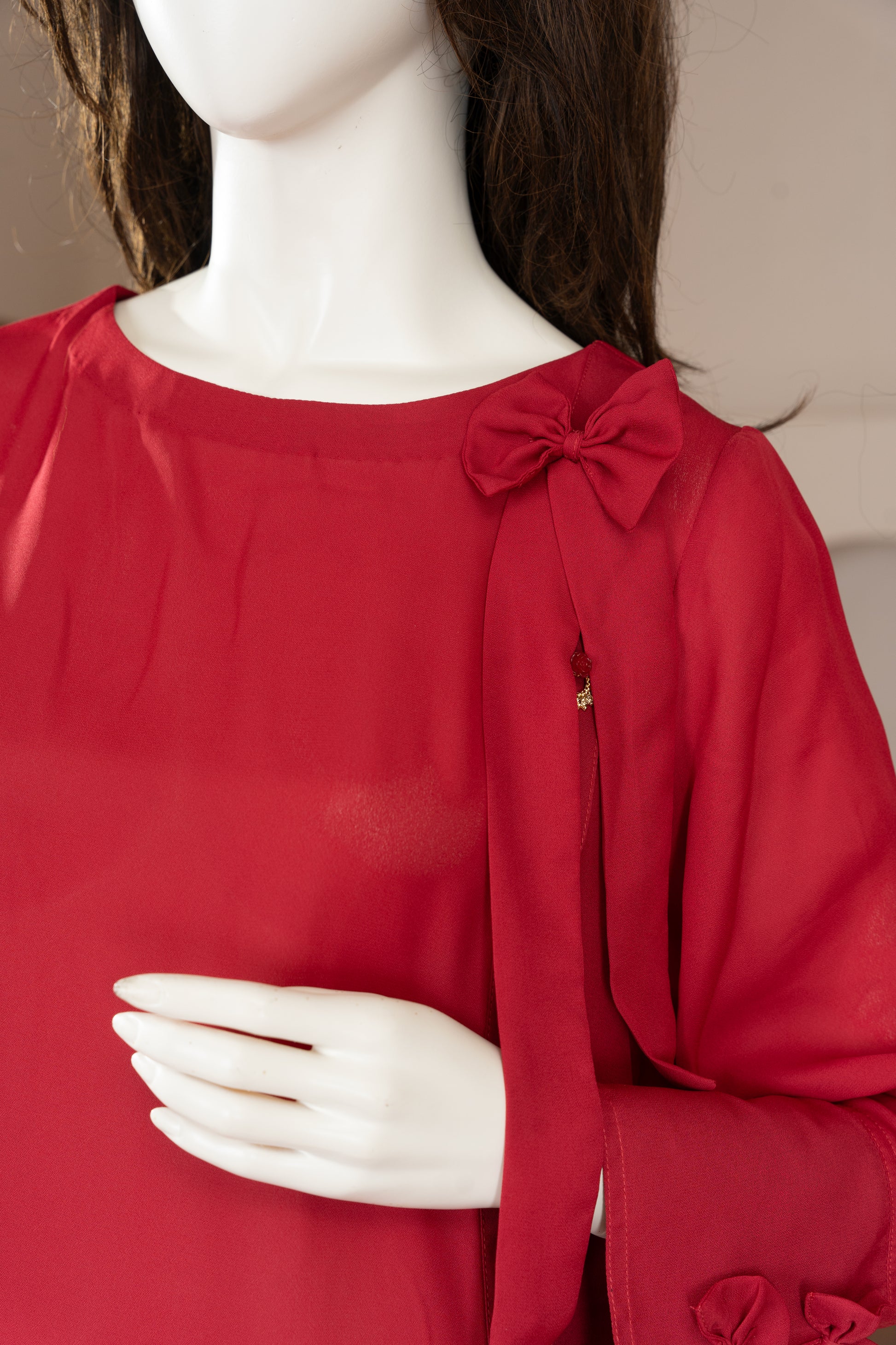Red Georgette Dress - Close Up Neck and Sleeve