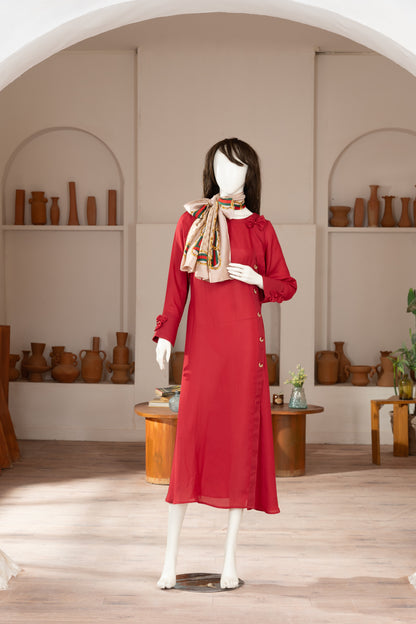 Red Georgette Dress with Scarf - Front Pose