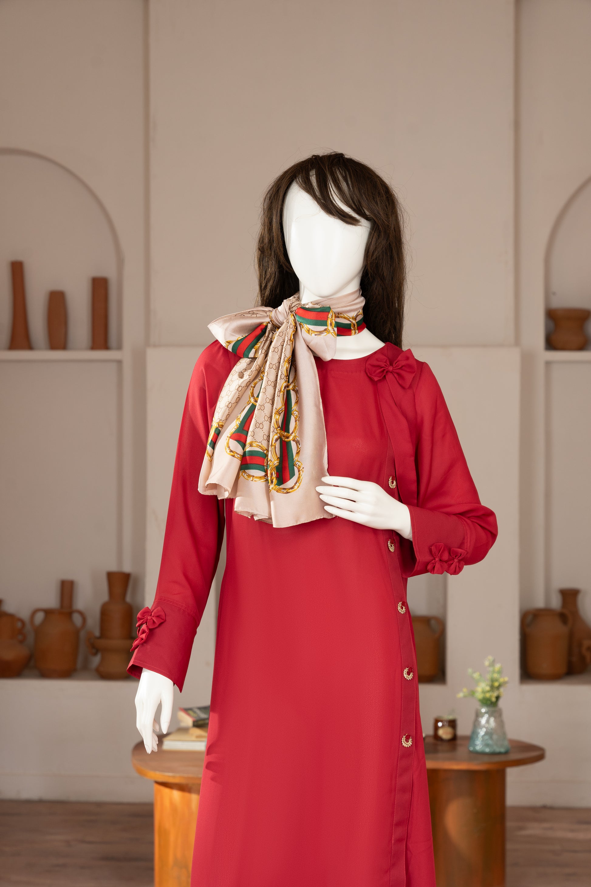 Red Georgette Dress with Scarf - Close Up Upper Half 