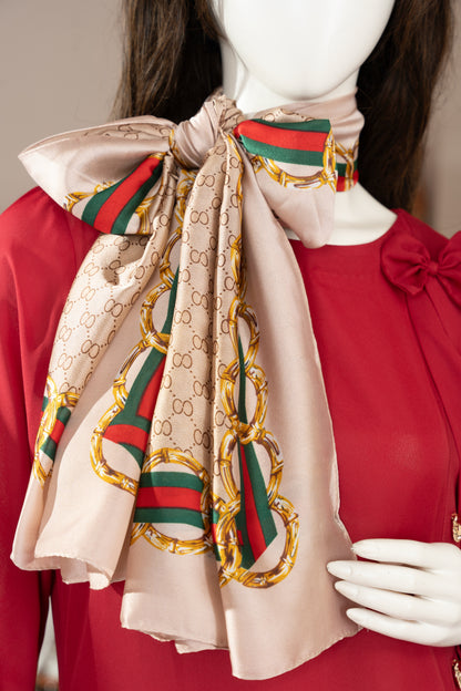 Red Georgette Dress with Scarf - Close Up Neck 