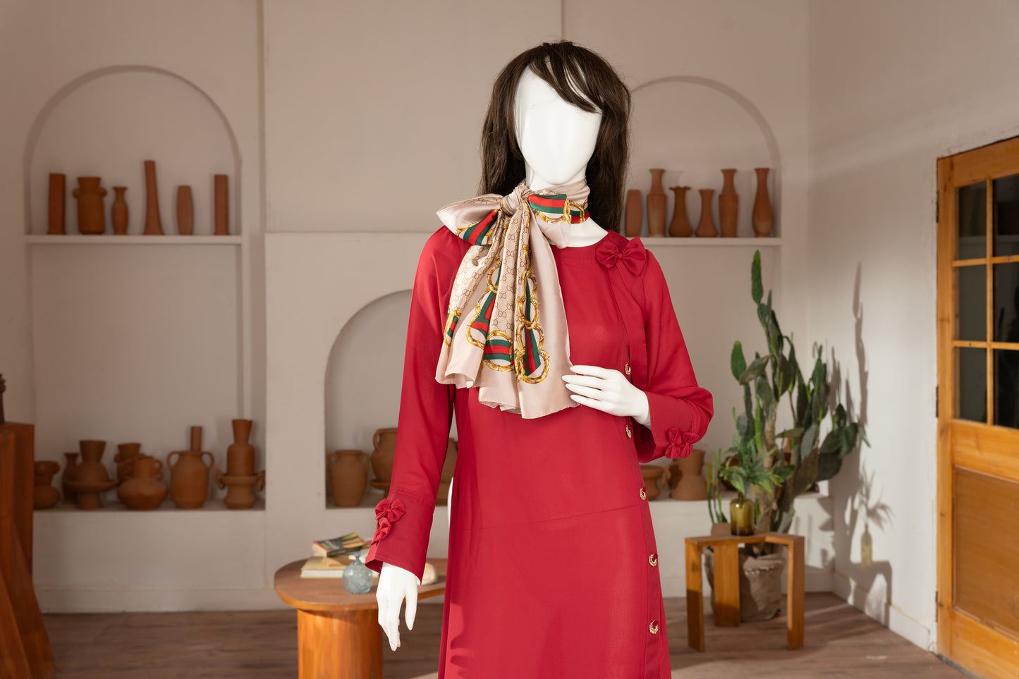 Red Georgette Dress with Scarf - Front Wide Angle