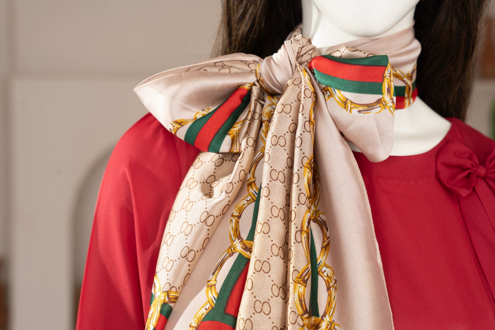 Red Georgette Dress with Scarf  - Close Up Right 