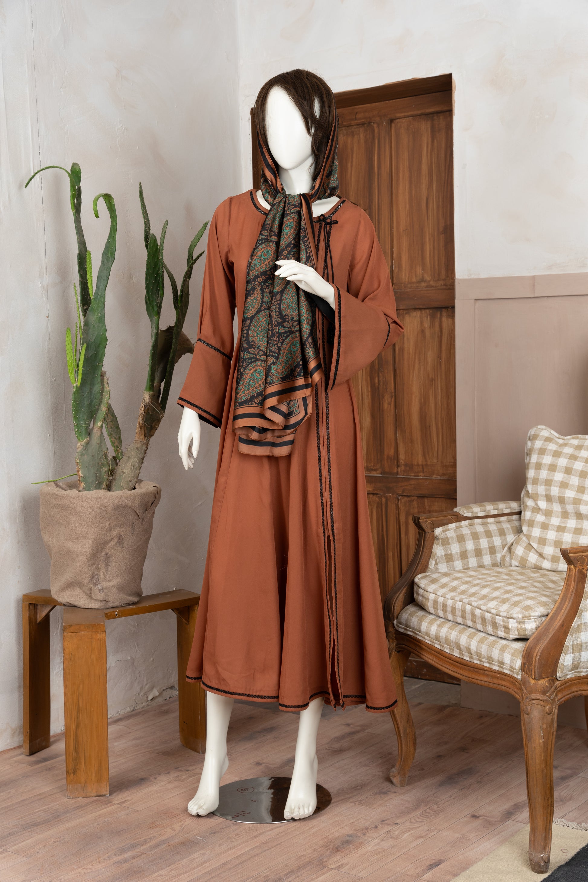 Rust Georgette Dress with Scarf - Front Pose