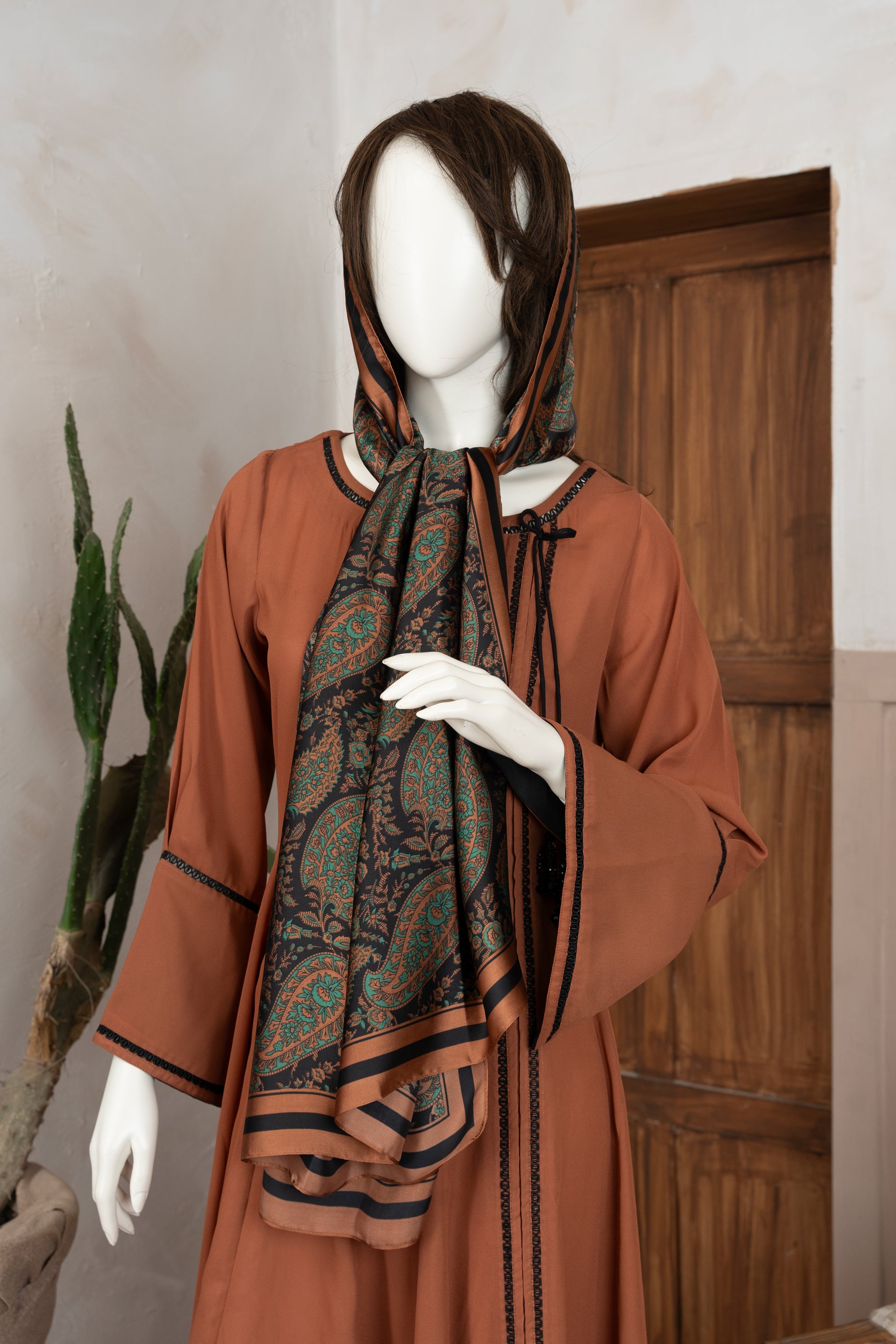 Rust Georgette Dress with Scarf - Close Up upper Half